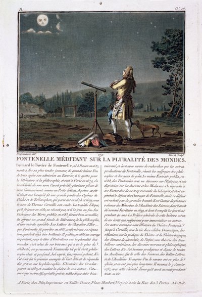 Bernard le Bovier de Fontenelle (1657-1757) contemplant la pluralité des mondes, gravé par Jean Baptiste Morret, 1791 - Jacques Francois Joseph Swebach
